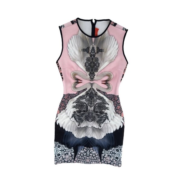 Clover Canyon swan print black pink pencil dress size M - Picture 2 of 5